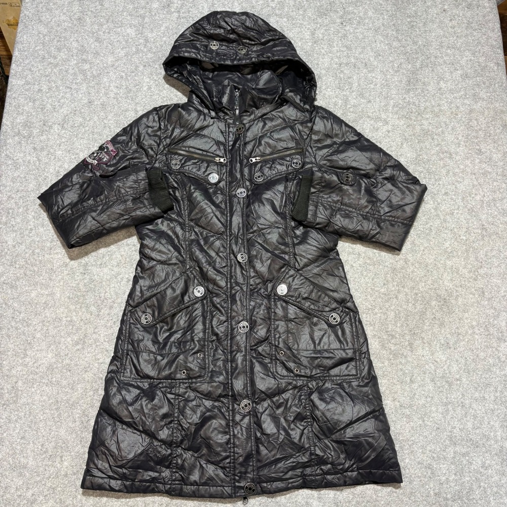 Snoopy Peanuts Black Long Puffer Coat Hooded Quilted Parka Jacket Women Small
